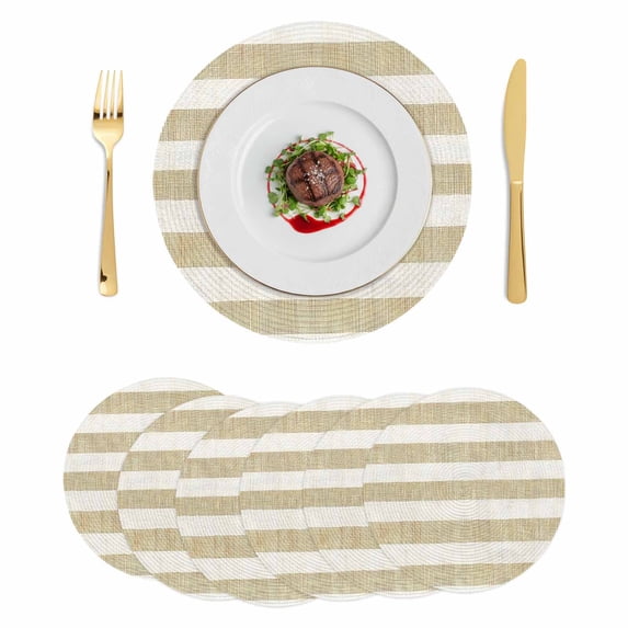 Cream Striped Round 13 Inch Placemats Set of 6, Farmhouse Vintage Brown Stripes HeatResistant Non Slip Place Mats for Dining Table, Wipeable Braided Kitchen Table Mats for Housewarming