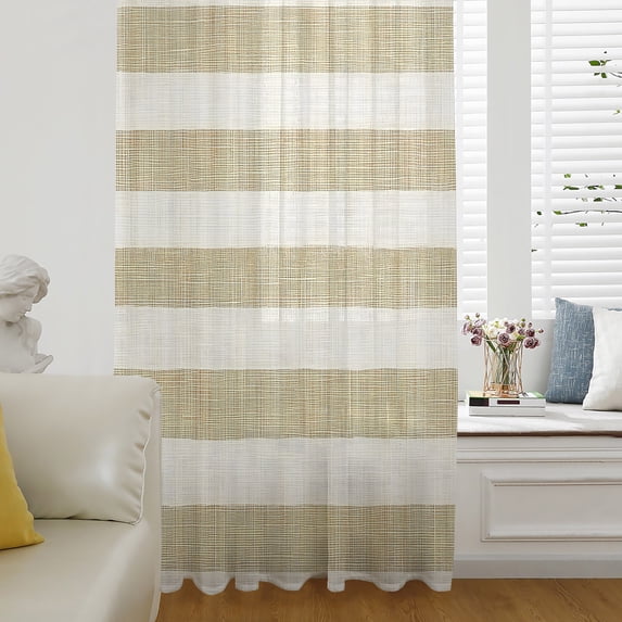 Cream Striped Sheer Curtains 45 Inch Length, Light Filtering Voile Curtain Panel, Farmhouse Vintage Brown Stripes Rod Pocket Drapes Window Treatments for Living Room Bedroom 52"x45"