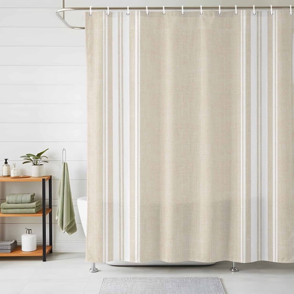 Cream Striped Shower Curtains for Bathroom, Farmhouse Beige White Stripes Waterproof Fabric Shower Curtain, Decorative Bathroom Curtain for Bathtub, 72"x84", No Hooks Included