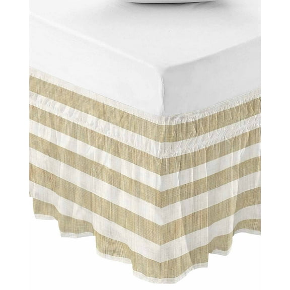 Cream Striped Wrap Around Bed Skirts for Queen Bed 18" Drop, Bed Skirt with Adjustable Elastic Belt Dust Ruffle Bed Valance for Bedroom Hotel Luxury Farmhouse Vintage Brown Stripes Bed Frame Cover