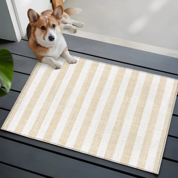 Cream Stripes Washable Entry Rug 2x3 Modern Abstract Linens Farmhouse Low Pile Indoor Door Mat with Rubber Backing Thin Area Rug for for Entrance, Bedroom, Kitchen, Laundry, Bathroom