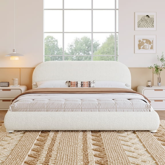 Cream Style Fabric Upholstered Bed, Simple Modern Bedroom Double Bed,King