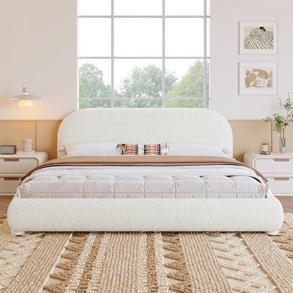 Cream Style Fabric Upholstered Bed, Simple Modern Double Bed, King Size