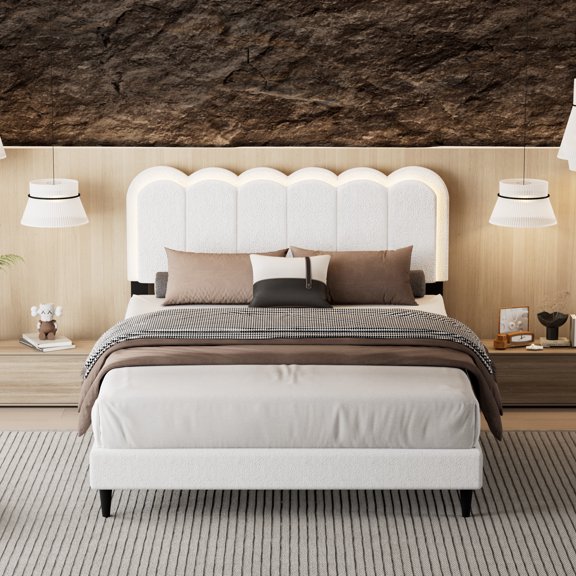 Cream Style Full Size Soft Bed with Lambswool Petal Headboard and Built-in Atmosphere Light, Upholstered Bedroom Bed Frame