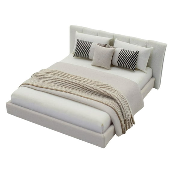 Cream Styles Miniature Double Bed with Beddings Bedroom Furniture Realistic Detailing Design for 1/20 Dollhouses Decors