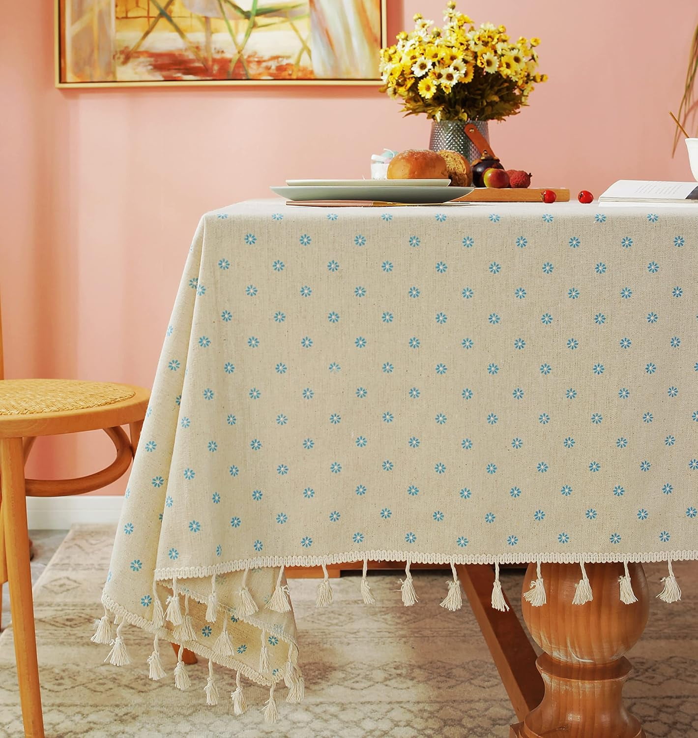 Rustic Cloth Tablecloth Cream Table Cloth with Blue Daisy Floral, Cotton Linen Rustic ...
