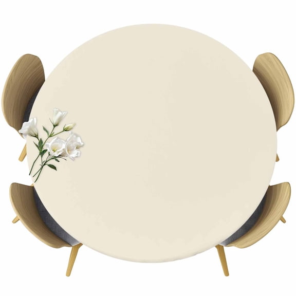 Cream Table Cloth, Round Fitted Tablecloths with Elastic Edge, Modern Pure Beige Wipeable Waterproof Table Cover for Kitchen Wedding 55-60 Inches