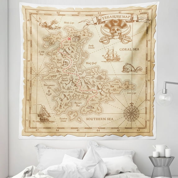 Cream Tapestry, Old Antique Treasure Map Details Retro Color Adventure Sailing Pirate Print, Fabric Wall Hanging Decor for Bedroom Living Room Dorm, 5 Sizes, Cream, by Ambesonne