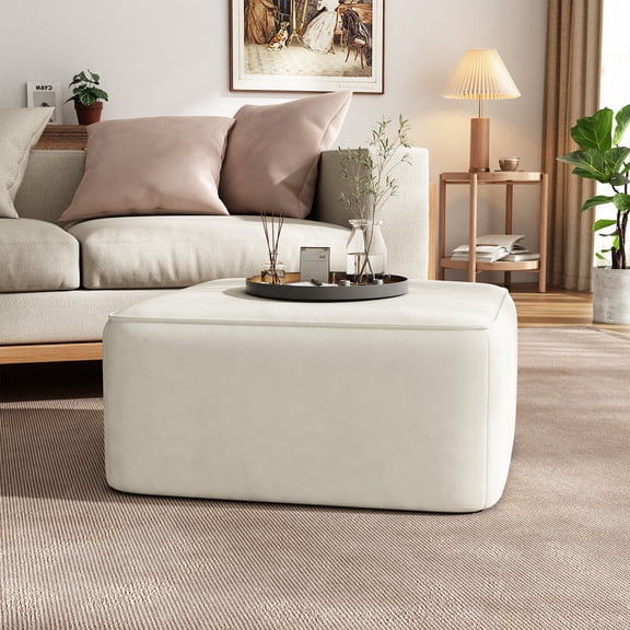 Cream Textured Fabric Upholstered Square Ottoman, 29.5" | Dense foam padding, versatile modern seating