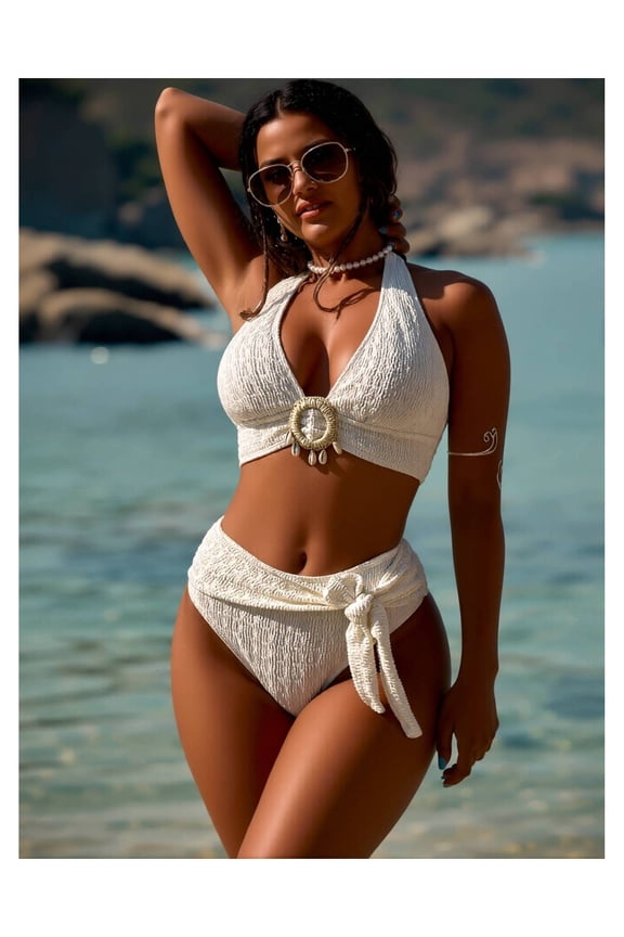 Cream Textured Halter Bikini Set - Embellished High-Waisted Swimsuit with Stretchy Polyester Fabric