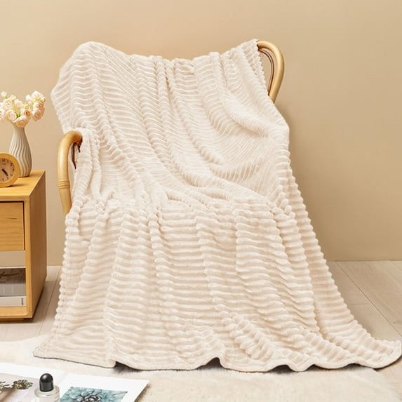 Cream Throw Blanket 3D Ribbed Jacquard Fleece Flannel Velvet Plush Decorative Bed Blanket, Super Soft, Lightweight, Warm and Cozy for Couch Sofa 79x47in,Beige