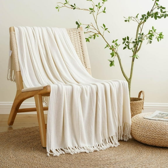 Cream Throw Blanket for Couch Sofa Chair Bed Knitted Indoor Outdoor Throw Blankets with Tassels, Soft Warm Decoration Blanket for All Season 50"x 60"