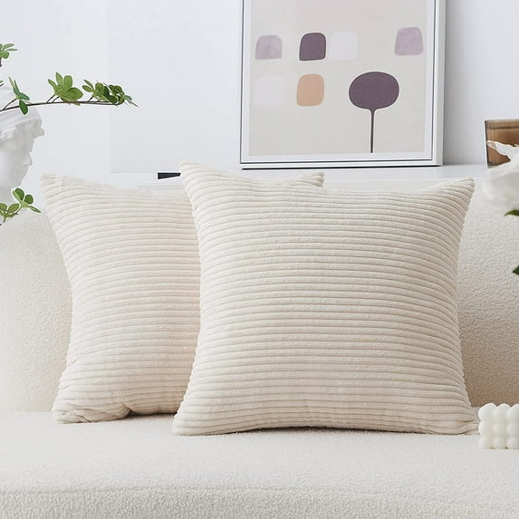 Cream Throw Pillows Covers 16x16 Striped Velvet Square Pillow Covers Decorative Set of 2, 40cm, 16 x 16 Inch, Cream Cheese