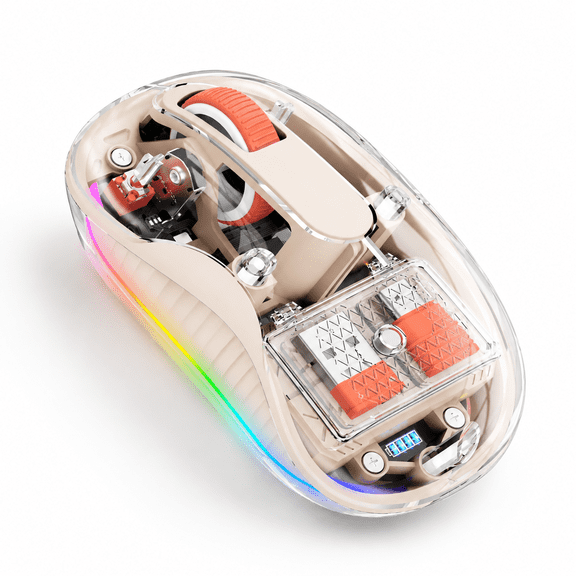 Cream Tri-Mode Wireless Transparent Computer Mouse with RGB Lighting