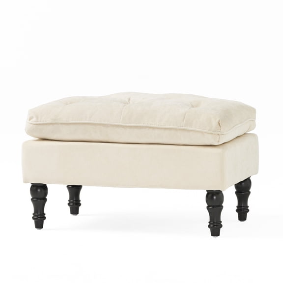Cream Tufted Pillow Top Fabric Ottoman with Turned Birch Legs for Living Room Bedroom