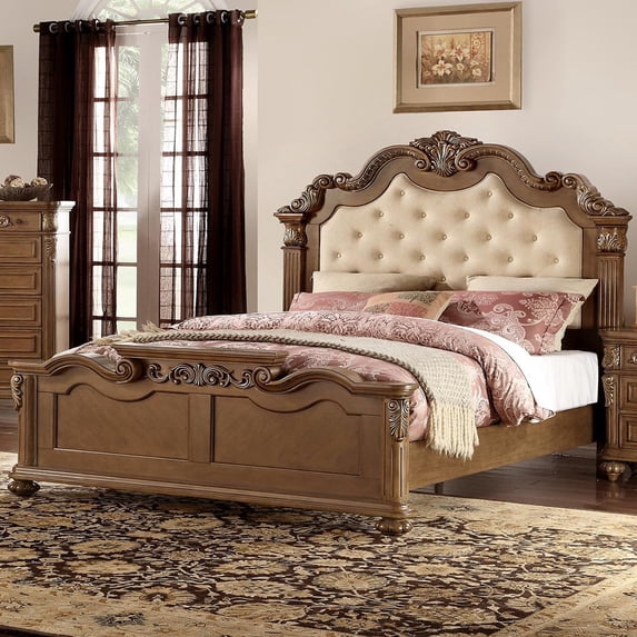 Cream Tufted Wooden E.King Bed, Light Honey Brown