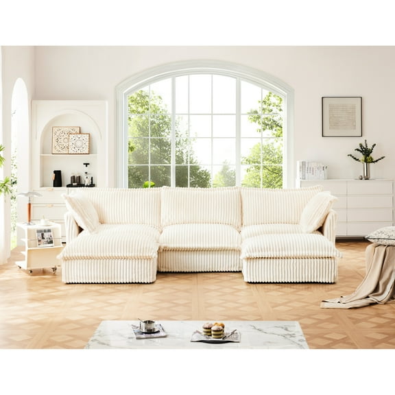 Cream U Shape Sectional Couch, 3 Seater Deep Seat With Materials, Luxurious Cloud For Home , Removable Covers, Stylish