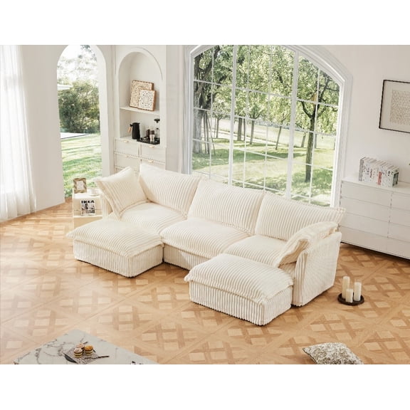 Modern U-Shaped Sectional Sofa with Cream Corduroy Fabric (3-Seater, 220×80×75cm) - Comfortable and Sturdy for Living Room