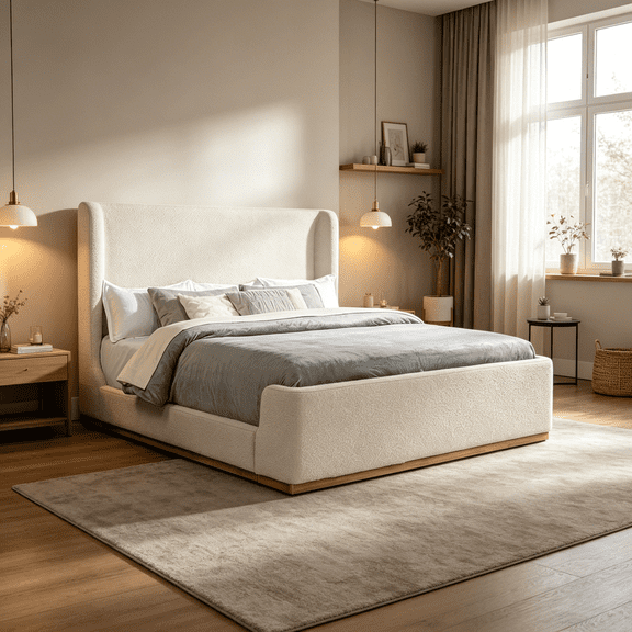 Cream Upholstered King Size Bed, Wingback Sleigh Bed Frame with Solid Wood Base, Modern Platform Bed for Master Bedroom