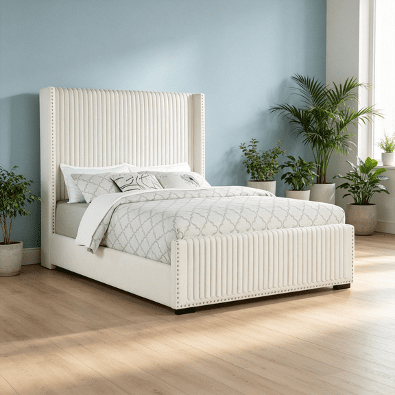Cream Upholstered Queen Size Bed with Wingback Headboard, Channel Tufted Modern Glam Bed Frame