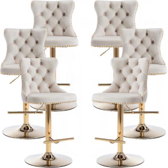 Cream Velvet Bar Stools Set of 6 - Adjustable Swivel Ivory Counter Height Chairs with Tufted Back and Nailhead Trim for Kitchen Island (Beige, Gloden Metal, 6 Pcs)