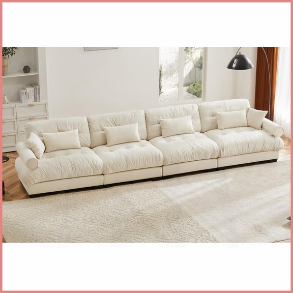 Cream Velvet Modular L-Shaped Sectional Sofa with Ottoman – Deep Cloud Seat, Modern Oversized Couch for Living Room
