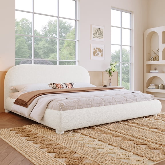 Cream Velvet Soft Bed, Light Luxury Texture, Curved Aesthetic Headboard, King Size, High-End Bedroom Atmosphere