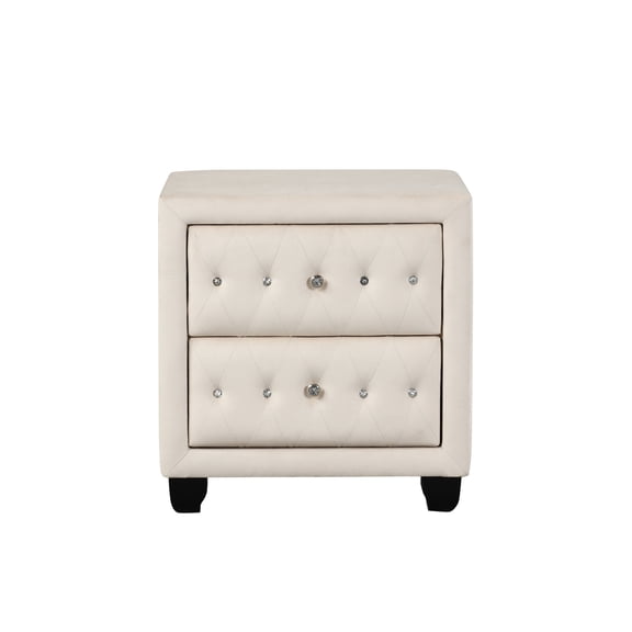 Cream Velvet Upholstered 2 Nightstand With Alluring Crystal Tuft Ornaments Appealing Tufting