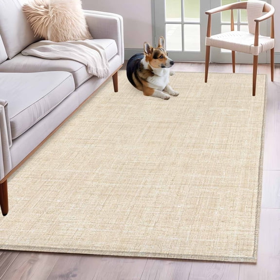 Cream Washable Area Rug 4x6 Abstract Modern Farmhouse Solid Color Low-Profile Large Area Rugs with Non Slip Backing Indoor Floor Carpet for Entrance Living Room Bedroom Home Office