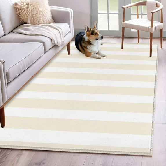 Cream and Washable Area Rug 4x6 White Striped Geometric Low-Profile Large Area Rugs with Non Slip Backing Indoor Floor Carpet for Entrance Living Room Bedroom Home Office