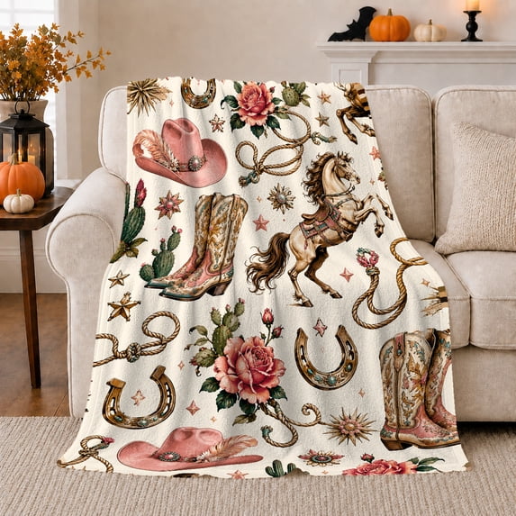 Cream Western Collage With A, Decorative Western Collage Style for Western Decor Enthusiasts, Housewarming Gift with Cozy Flannel Blanket, Home Decor for Bedroom And Living Room And Guest Room