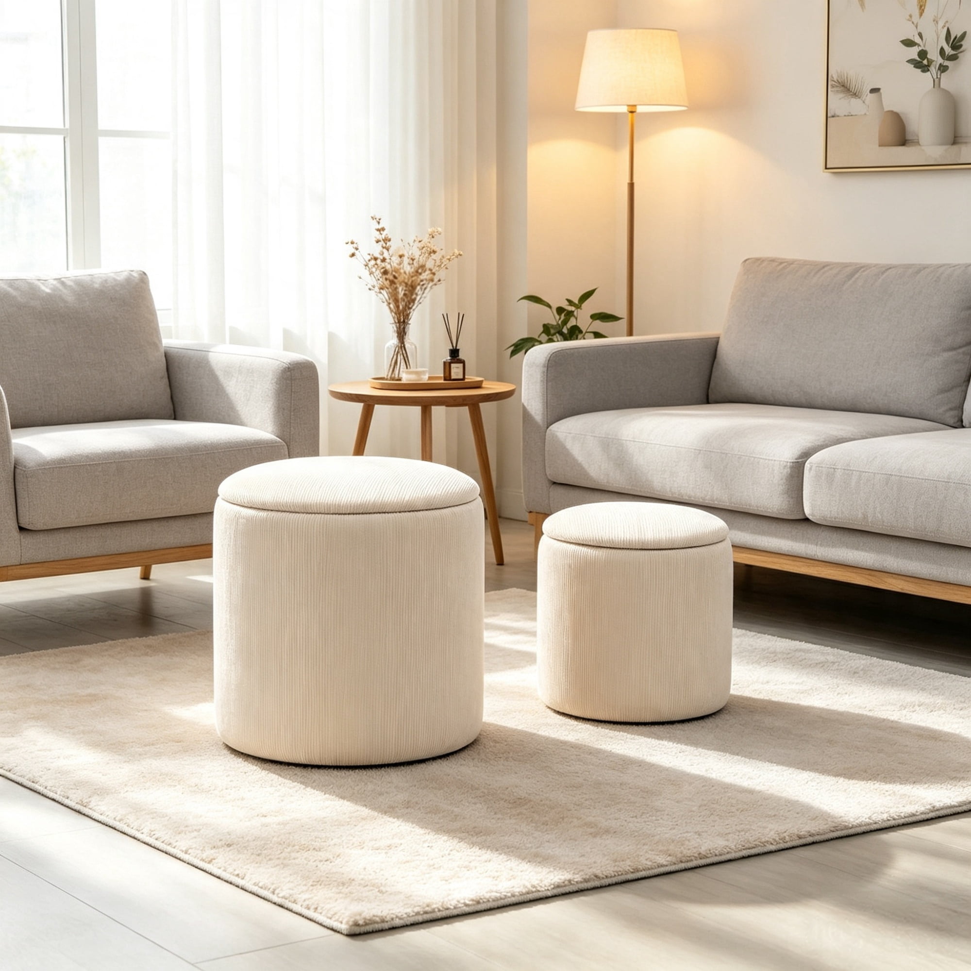 Cream White 2-Piece with Storage Stool, Removable Wood Lid, Hidden Space