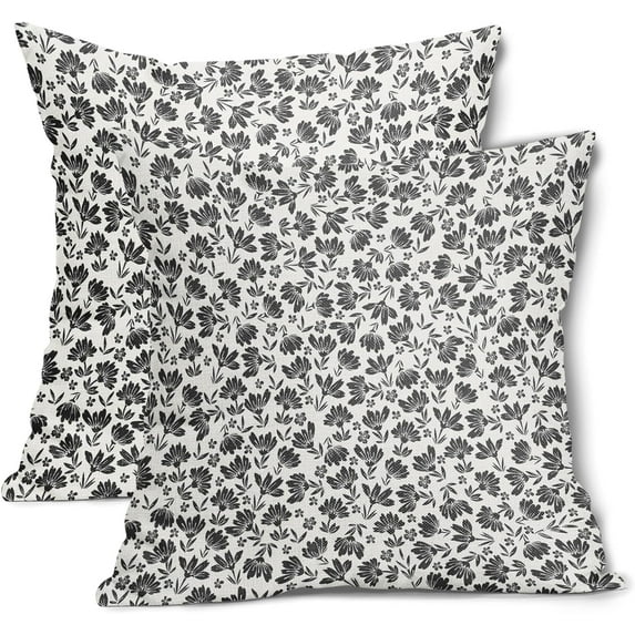Cream White Black Daisy Floral Pillow Covers 18X18 Inch Vintage Flowers Decorative Pillow Cases Set of 2 Block Print Cotton Linen Throw Pillows Farmhouse Decor For Sofa Couch Porch Cushion Outdoor