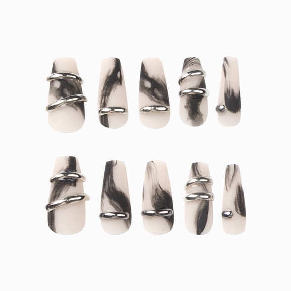 Cream White Black Marble Press on Nails, Medium Coffin with Metal Ring Accent, Glossy Finish False Nails, 24 Count