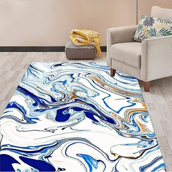 Cream White Blue Marble Swirl Modern Abstract Area Rug Soft Washable Thick Carpet For Living Dining Room Plush Bedroom Rug Indoor Home Office Kitchen Floor Runner Rug 4 x 5ft