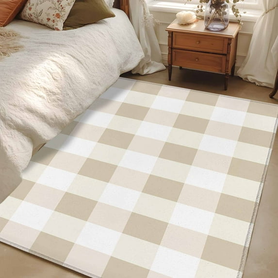 Cream White Buffalo Check 4x6 Area Rugs, Farmhouse Plaid Modern Geometric Non-Skid Rubber Backing Large Rectangle Rugs - Living Room Bedroom Home Office, Indoor Floor Mat Carpets Washable Rug