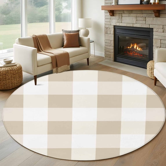 Cream White Buffalo Check 8ft Round Rug, Farmhouse Plaid Modern Geometric Non-Skid Rubber Backing Large Area Rugs - Living Room Bedroom Home Office, Indoor Floor Mat Carpets Washable Rug