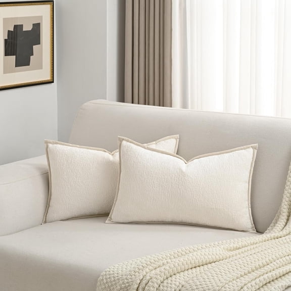 Cream White Chenille Throw Pillow Covers 12x20 inch Set of 2,Soft Cozy Bound Edge Design Lumbar Pillow Cases,Home Decor for Couch Bed Living Room