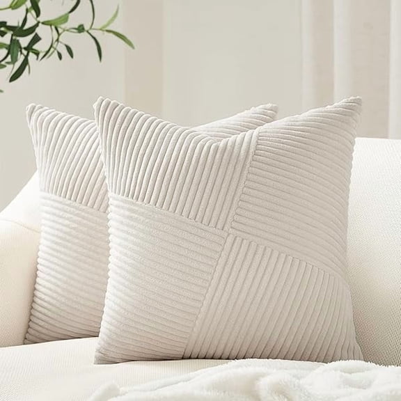 Cream White Decorative Neutral Throw Pillow Covers 18x18 Inch for Couch Sofa Bed, Soft Corduroy Striped Patchwork Windmill Textured Square Cushion Covers Set of 2 Spring Boho Home Decor