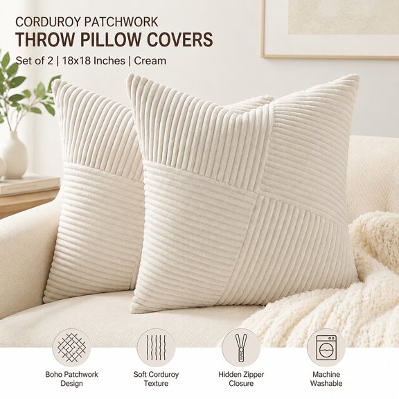 Cream White Decorative Neutral Throw Pillow Covers 18x18 Inch Soft Corduroy Striped Patchwork Windmill Texture Square Cushion Covers Set of 2 Boho Spring Home Decor
