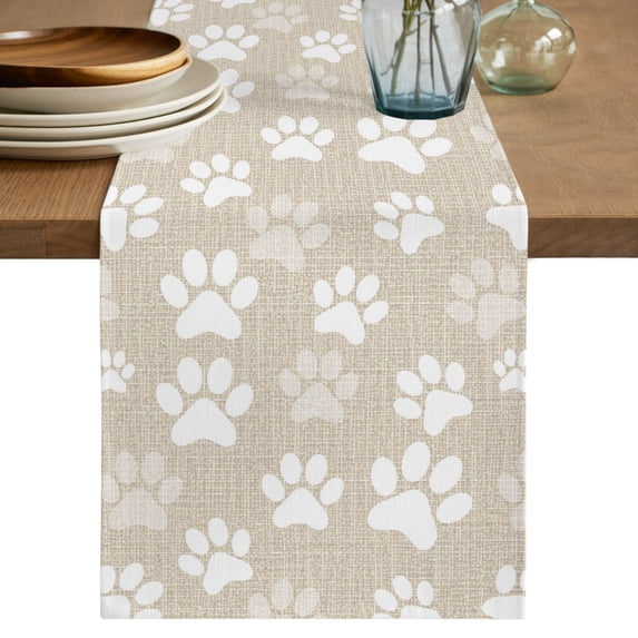 Cream White Dog Paw Table Runner, Cute Paws Prints Farmhouse Washable ...