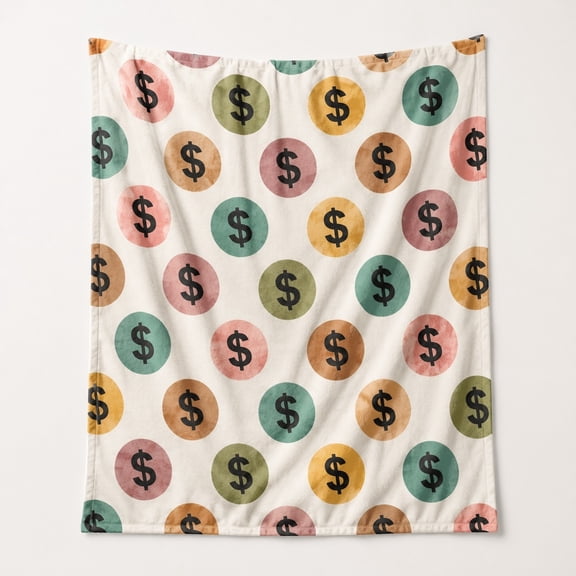 Cream White Dollar Sign Pattern Fleece Blanket, 280gsm Polyester Throw Blanket, Machine Washable, Multiple Sizes