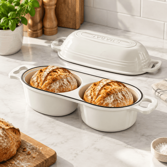 Cream White Enameled Cast Iron Double Round Bread Loaf Pot With Lid