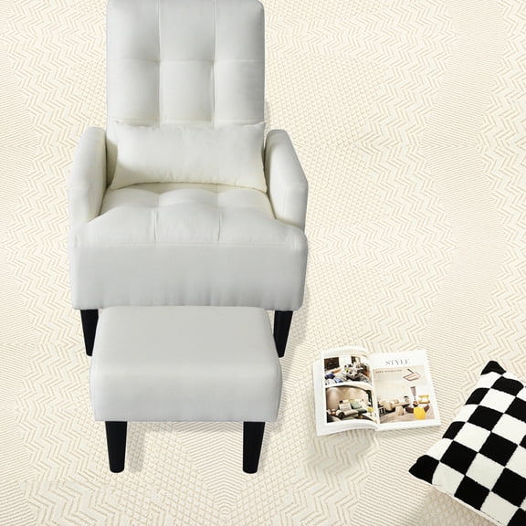 Cream White Fabric Sofa Chair - Push Back Recliner with Ergonomic Ottoman - Living Room Relaxing Space - Leisure Time Ease