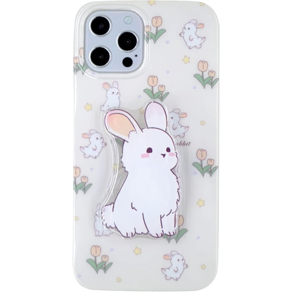 Cream White Floral Bunny Phone Case for iPhone 14 Plus/15 Plus, Cute Korea 3D Rabbit Tulip Flower Cartoon Case with Rabbit Hold Stand for Women Girls
