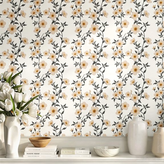 Cream White Floral Vine Peel and Stick Wallpaper, Vintage Boho Farmhouse Wall Art, Wall Decor, Art Print, Elegant Exquisite Wall Decoration for Living Room, Bedroom, Apartment Home Renovation