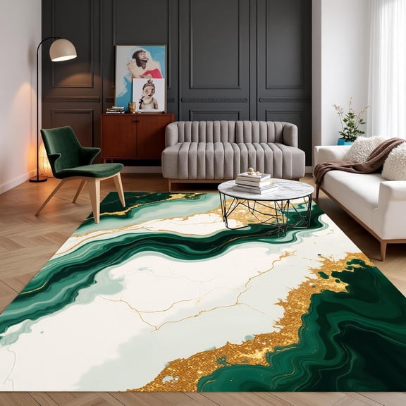 Cream White Green Gold Marble Area Rugs, Contemporary Abstract Design Carpet, Washable Non Slip Low Pile Rug for Living Room Bedroom Dining Room Office Decor Mat 3x4ft