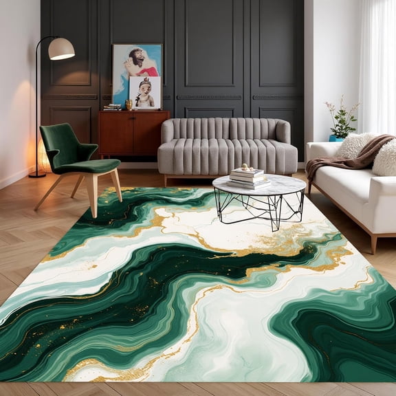 Cream White Green Gold Marble Area Rugs, Texture Abstract Design Carpet, Washable Non Slip Low Pile Rug for Living Room Bedroom Office Playroom Decor Mat 4x6ft