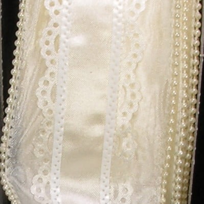 Cream White Lace Trim Pearl Edged Wired Craft Ribbon 2.5" x 20 Yards