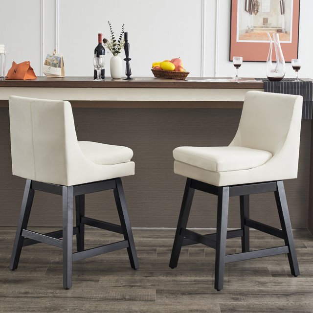 Cream White Linen Swivel Bar Stools, Set of 2 Modern Counter Height